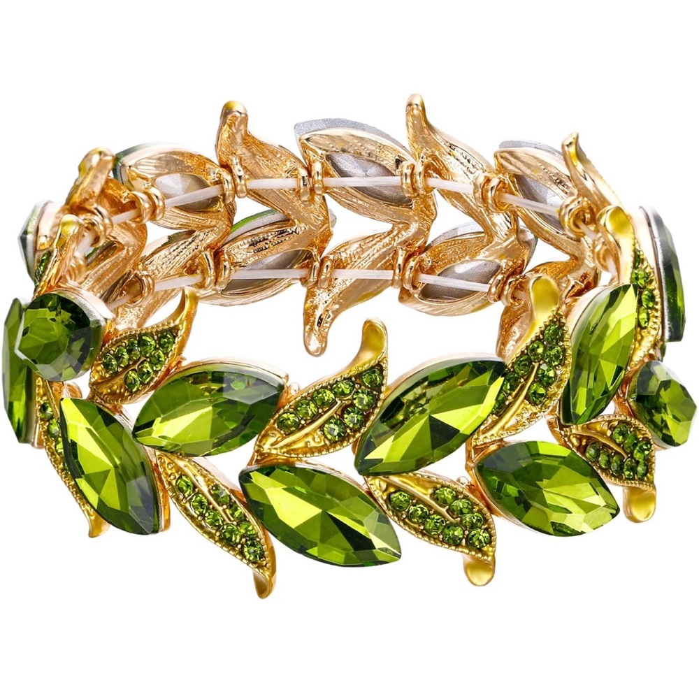 NWT Statement Crystal Green and Gold Leaf Bracelet